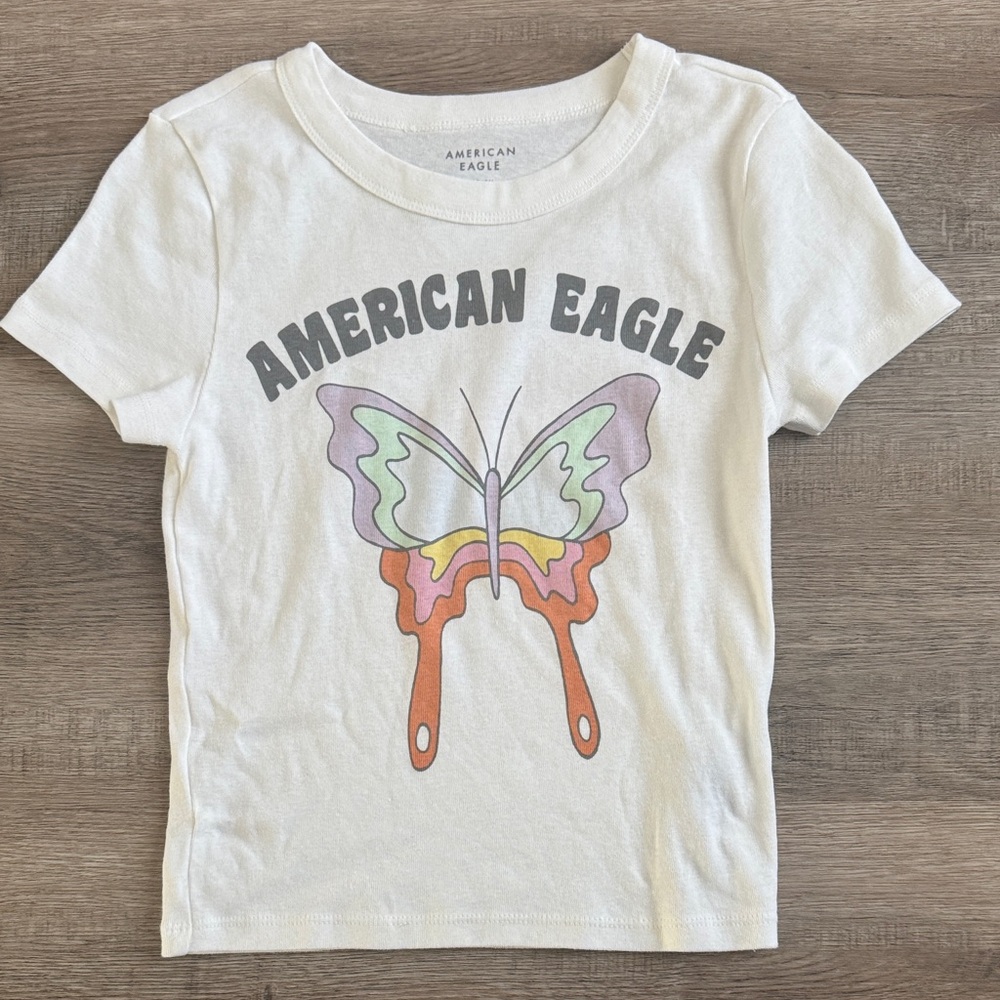 American Eagle Outfitters White Baby Tee with Pastel Butterfly Graphic NWOT
